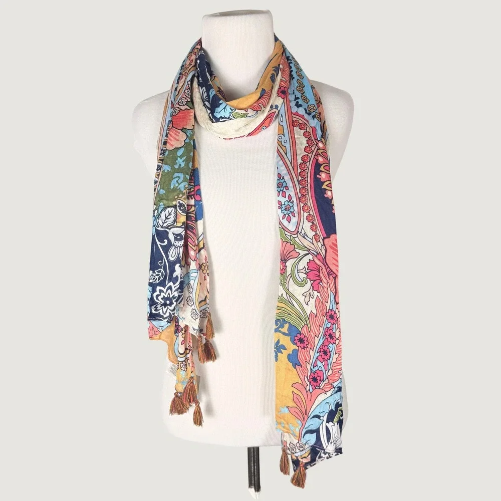 Chicos Womens Floral Paisley Tassel Scarf Navy Gold Rayon Silk Blend Oblong NEW